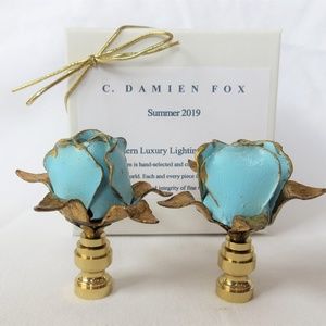 Vintage Pale Blue and Gold Tole Rose Finials, Pair